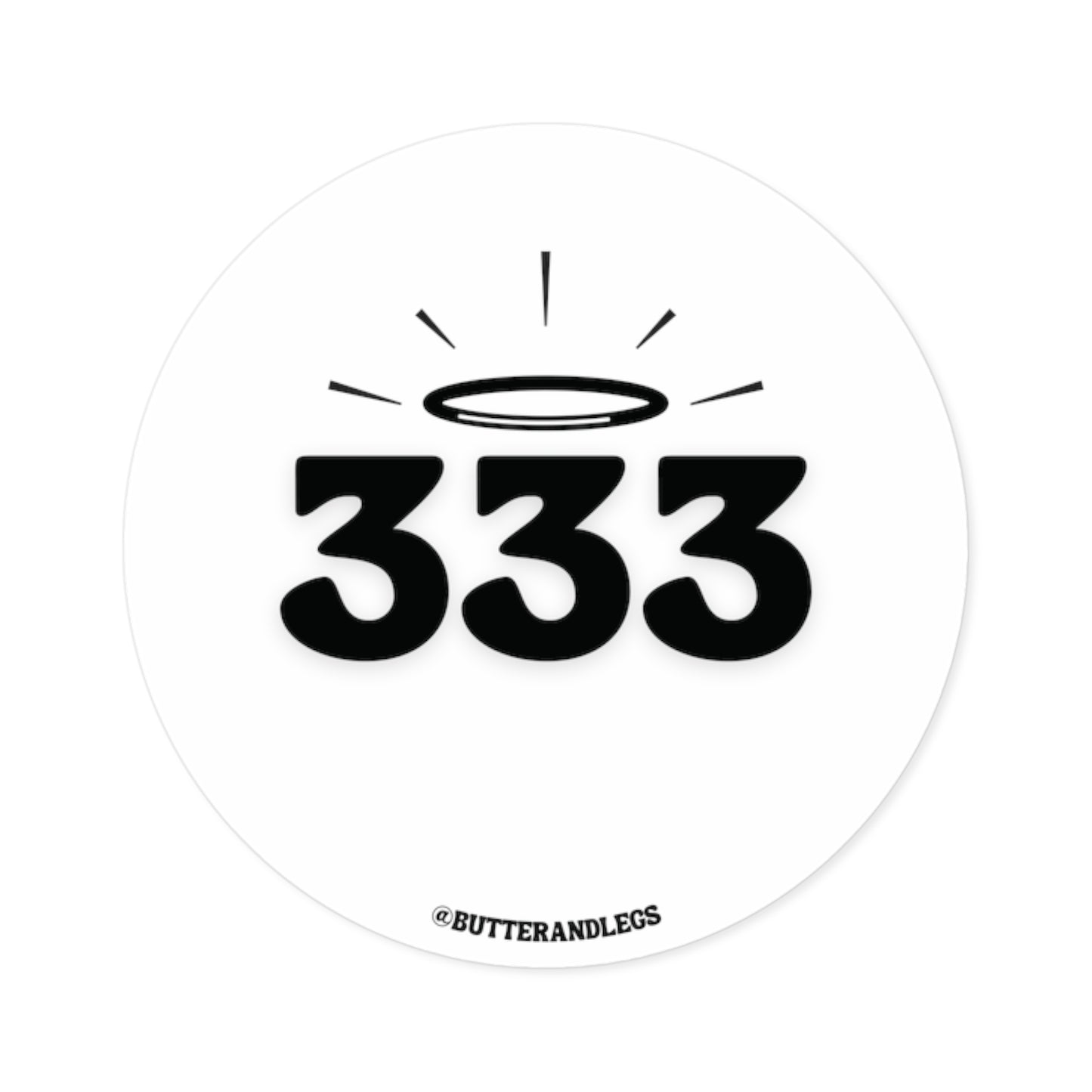 A WHITE STICKER FEATURING BLACK TEXT OF THE ANGEL NUMBERS "333" WITH A CUTE HALO ABOVE THEM
