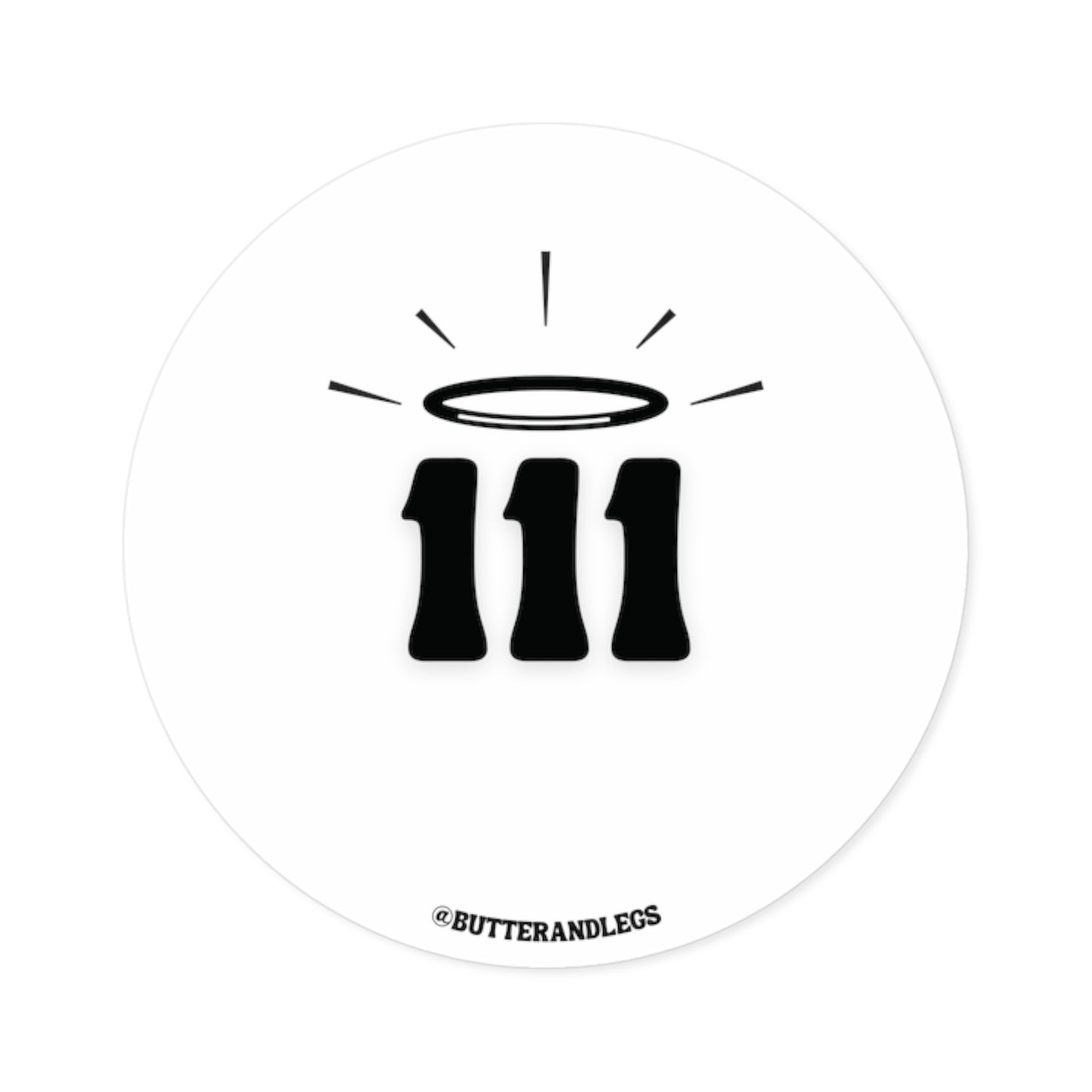 A WHITE STICKER FEATURING BLACK TEXT OF THE ANGEL NUMBERS "111" WITH A CUTE HALO ABOVE THEM