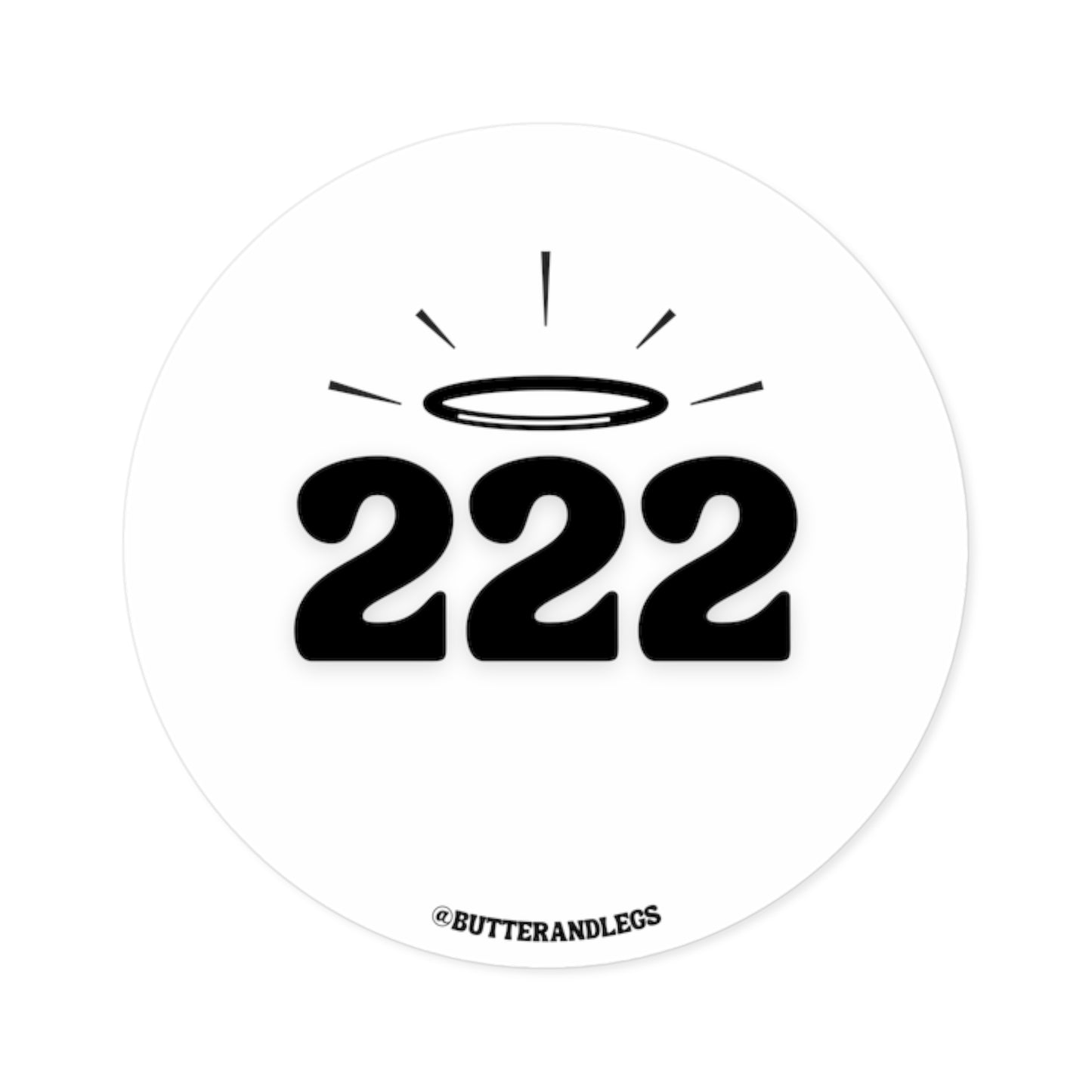 A WHITE STICKER FEATURING BLACK TEXT OF THE ANGEL NUMBERS "222" WITH A CUTE HALO ABOVE THEM