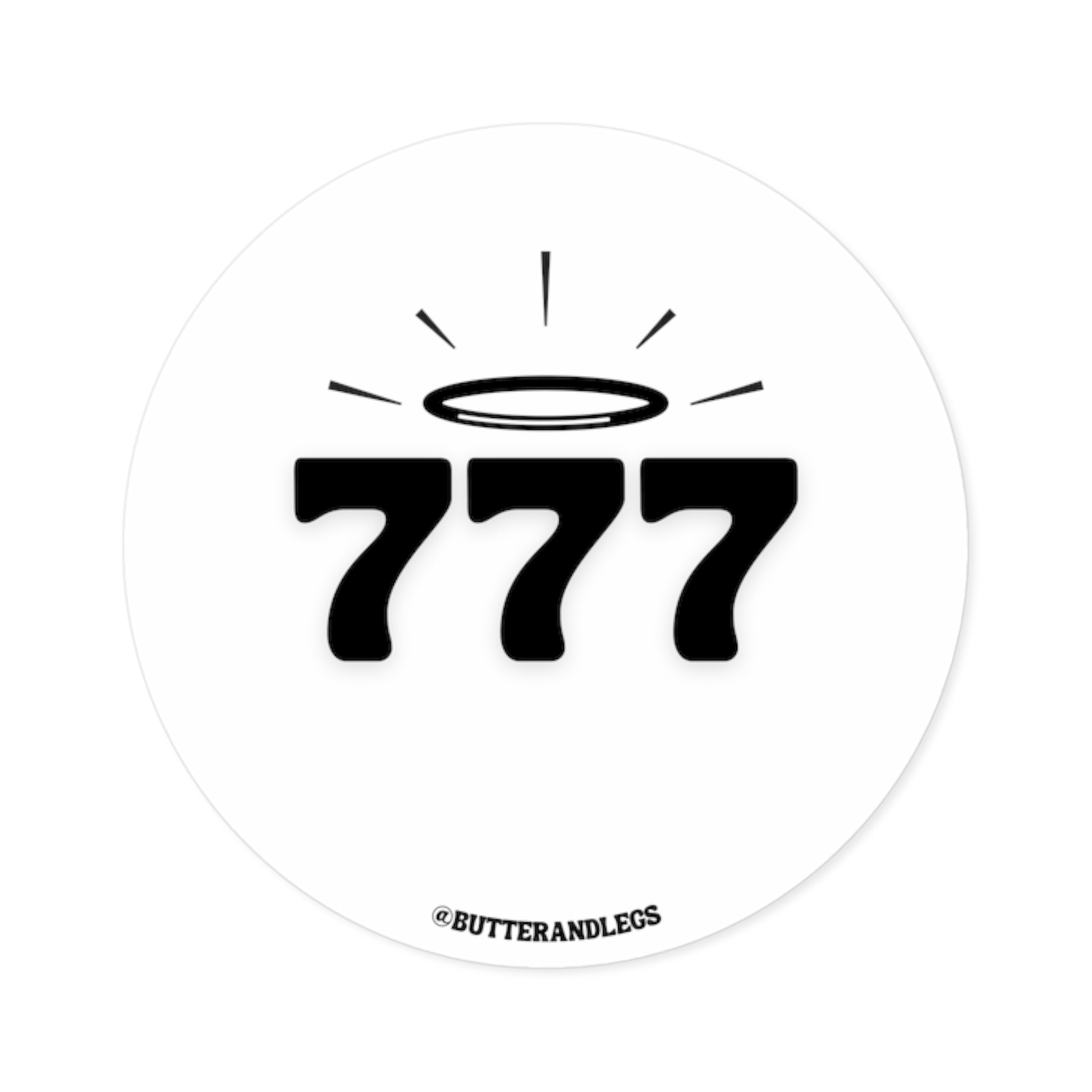 A WHITE STICKER FEATURING BLACK TEXT OF THE ANGEL NUMBERS "777" WITH A CUTE HALO ABOVE THEM