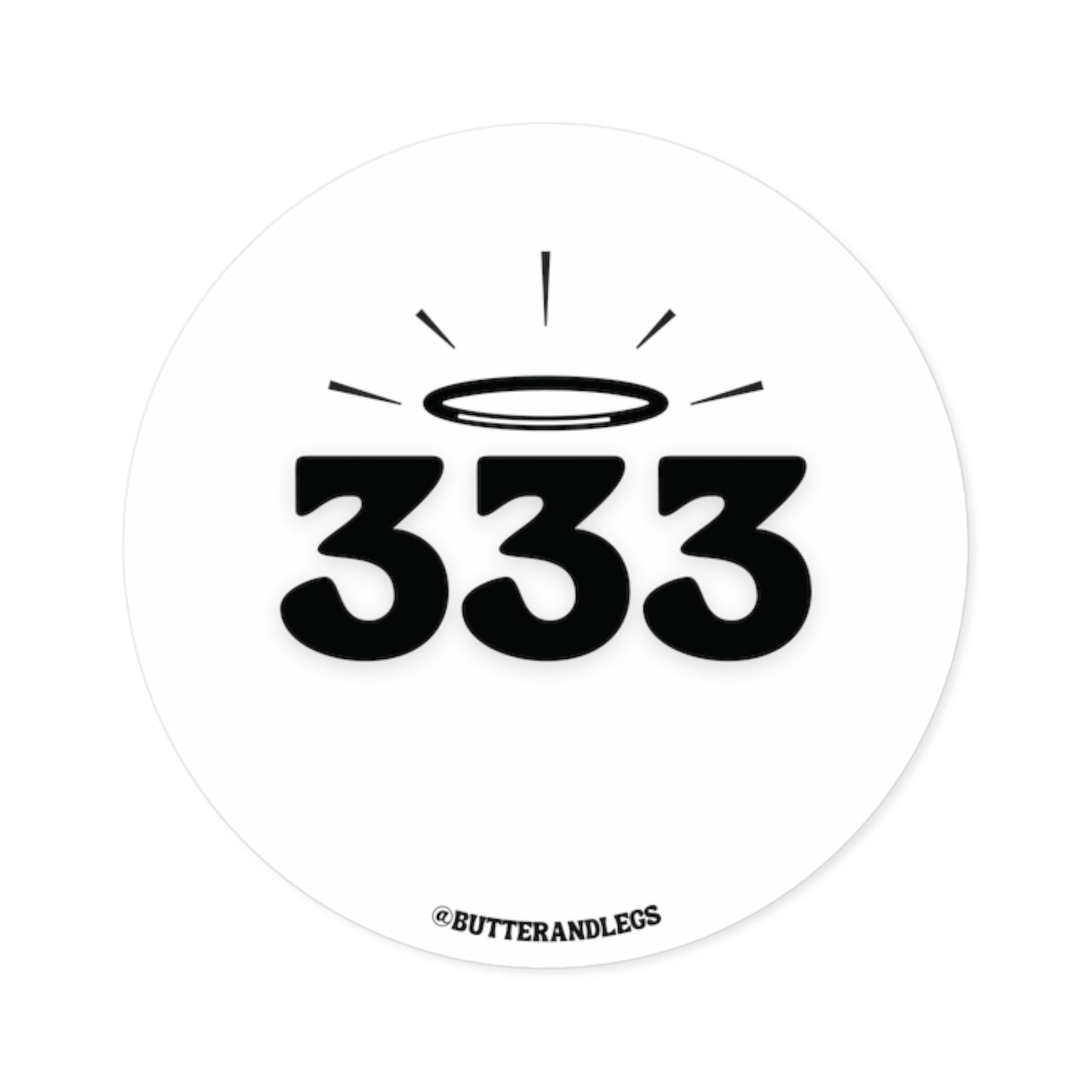 A WHITE STICKER FEATURING BLACK TEXT OF THE ANGEL NUMBERS "333" WITH A CUTE HALO ABOVE THEM