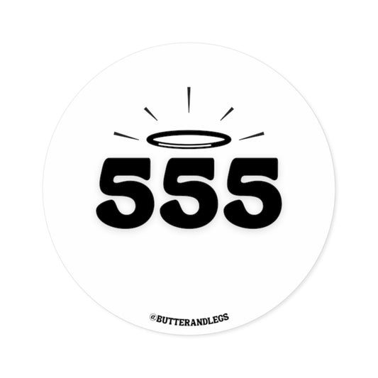 A WHITE STICKER FEATURING BLACK TEXT OF THE ANGEL NUMBERS "555" WITH A CUTE HALO ABOVE THEM